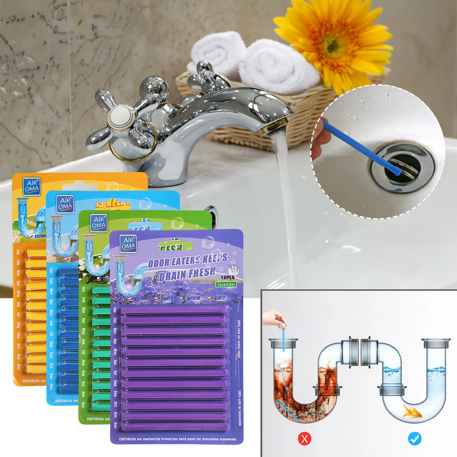 12pcs Pipe Cleaning Sticks Oil Decontamination,powerful cleaning,Drain deodorizing stick,Kitchen Toilet Bathtub Drains Cleaner