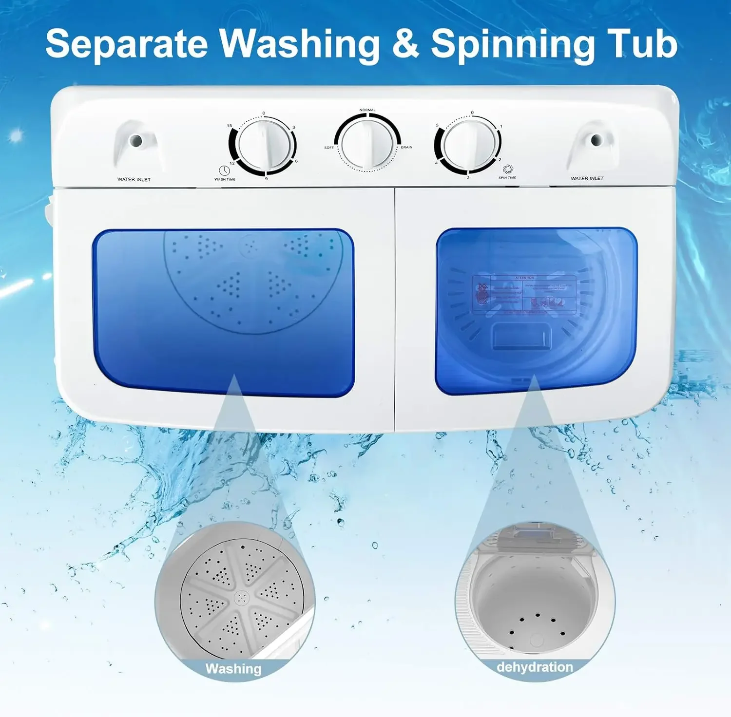Spinner Combo, 12lbs 8lbs Spinning, Compact Twin Tub Mini Washer for Apartment RV Dorms, Blue & White Portable Washing Machine