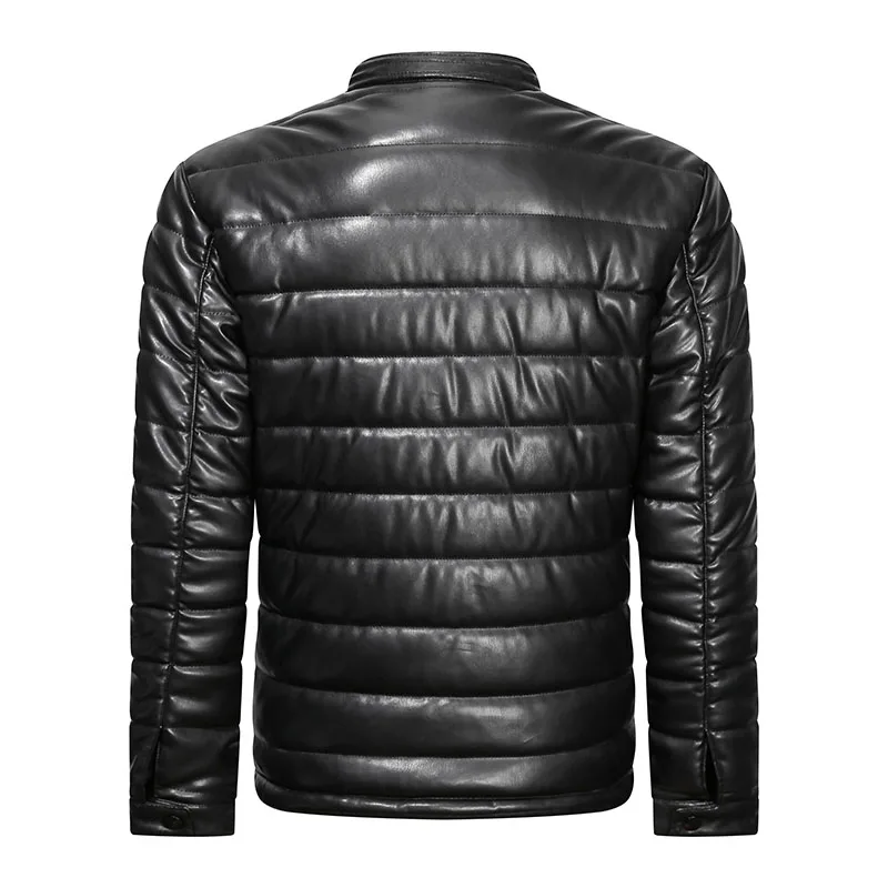 Autumn And Winter PU Leather Cotton Jacket, Black Standing Collar, Down Cotton Jacket, Motorcycle Jacket, Men\'s Jacket,