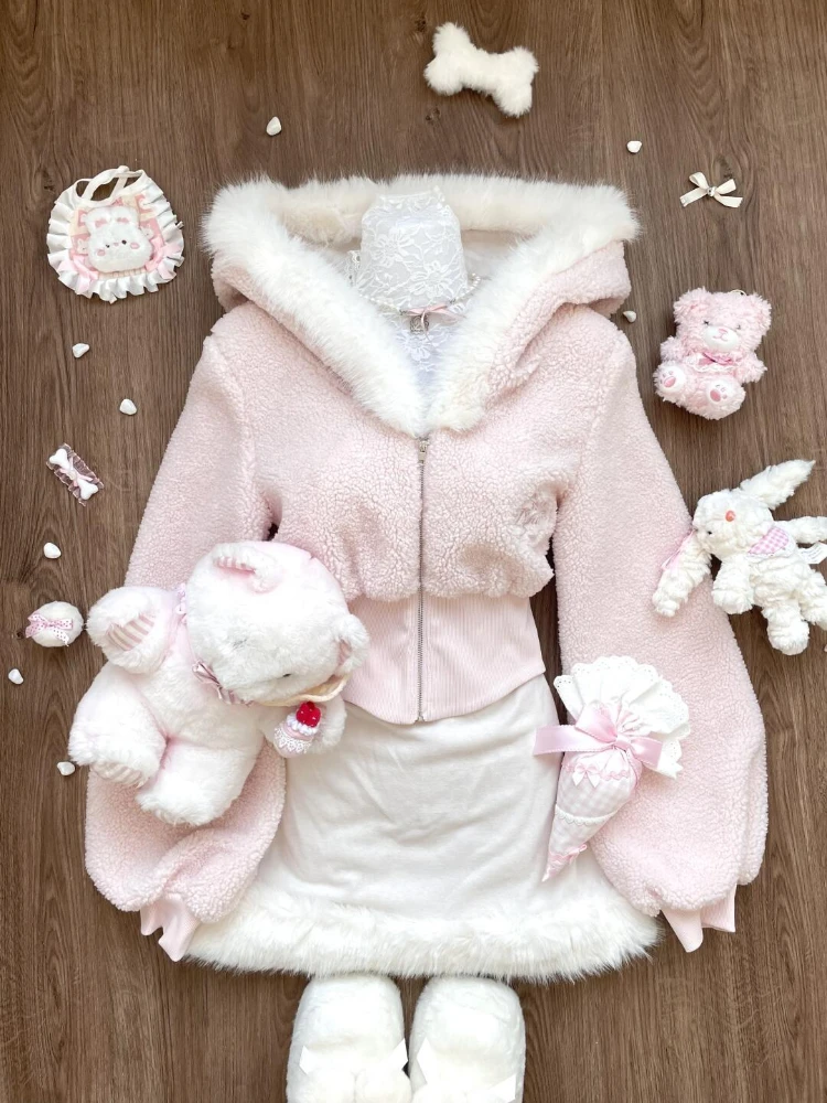 

Korea Style Elegant Pink Sweet 2 Piece Set Women Cute Zipper Hooded Long Sleeve Coat Female + Solid Strap Temperament Dress 2025