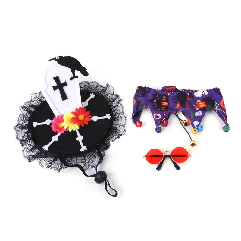 Pet Halloween Costume 3Pcs Set Adjustable Hat with Colorful Design Collar with Bells Decoration & Glasses Drop shipping