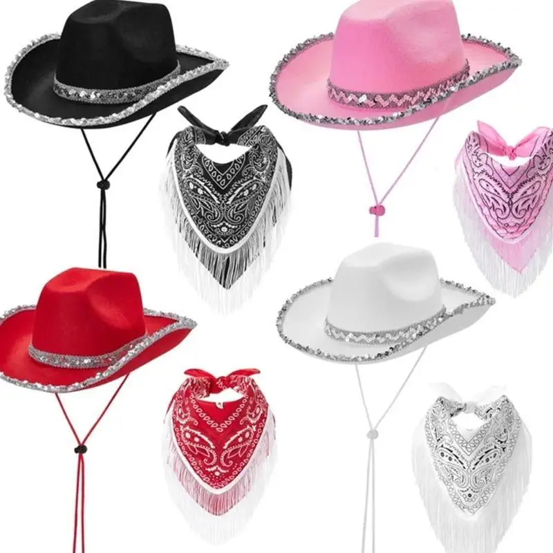 

39BB Bride Cowgirl Hat with Bandana Set for Wedding Bridal Shower Costume