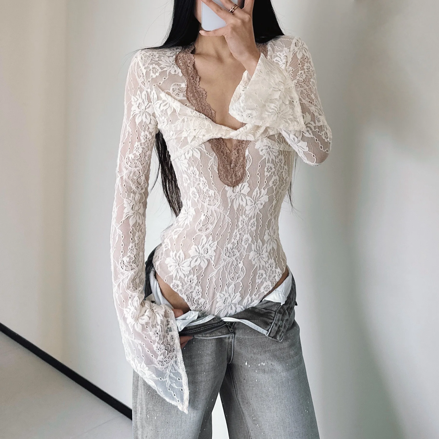 New See Through Lace With Lining Bow V neck Long Sleeve Bodysuit Sexy Woman Tight Short Jumpsuit Slim fit Rompers Playsuits