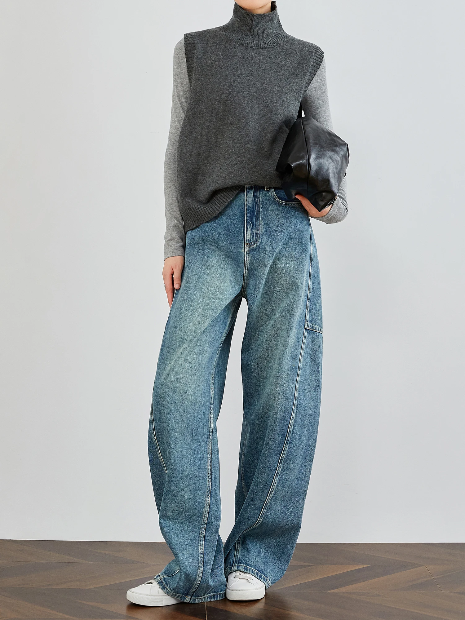 

Джинсовые брюки с талией в стиле ретро, женские весенне-осенние 2023, новый дизайн, тонкие брюки-коса, повседневные широкие брюки с высокой талией...