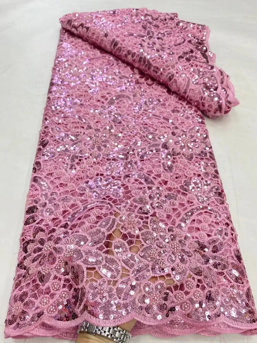 2024 African Nigerian High Quality Lace Fabric Embroidery French Tulle Wedding Party Dress Water Soluble Sequins 5Yards DP0161