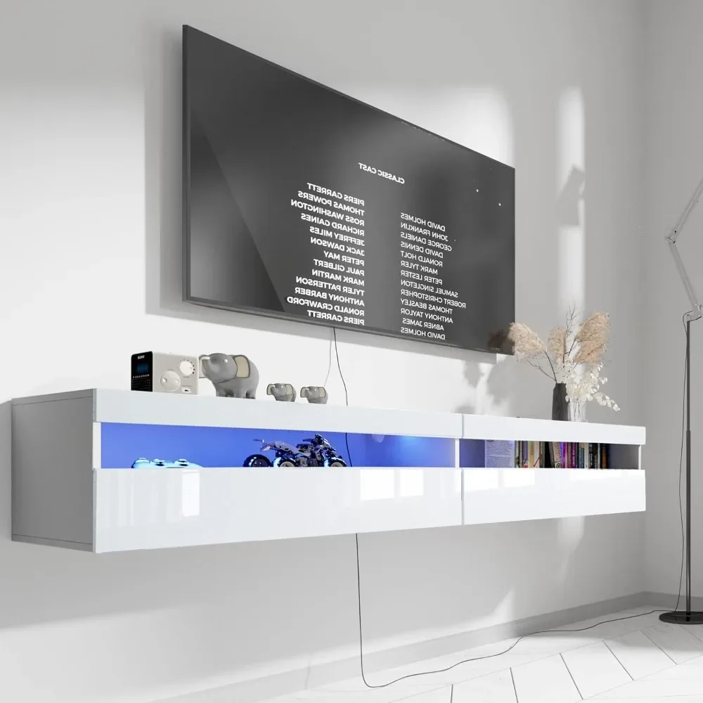 Modern Wall TV Stand, Mounted TVs Shelf With Led Lights & Power Outlet, Entertainment Center Media Console With Storage