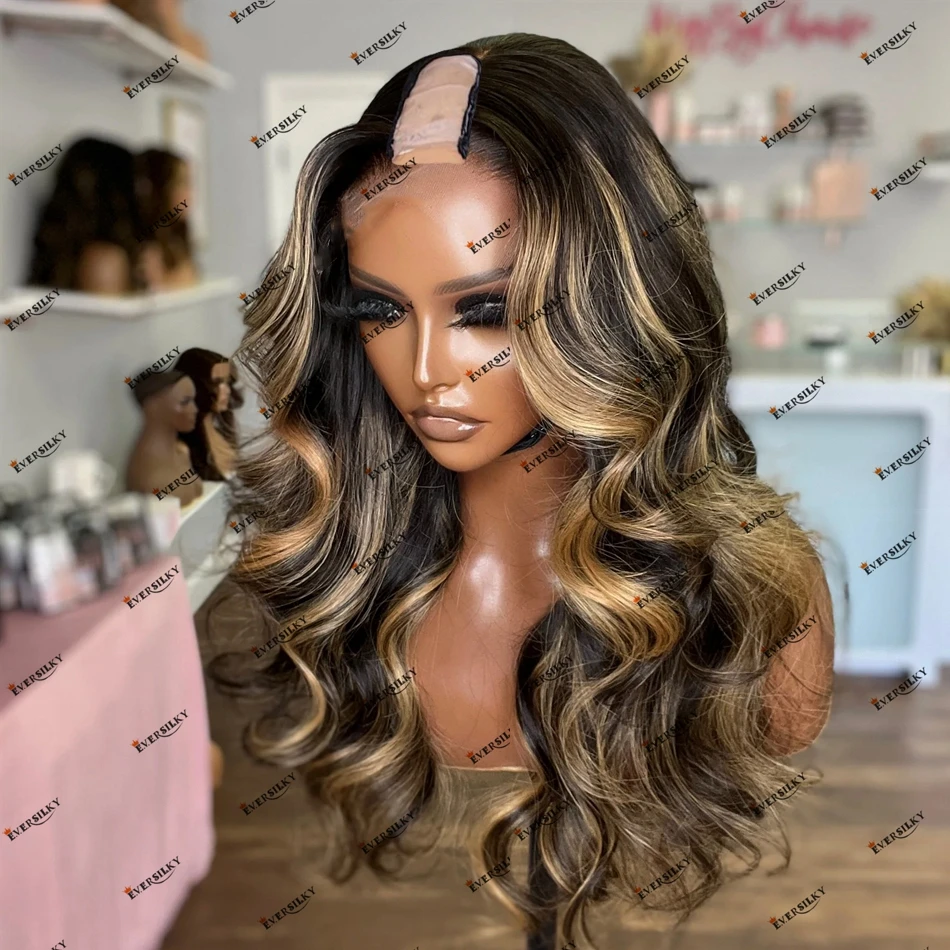 Super Wave Honey Blonde Highlight Human Hair U Part Wig for Women 200Density Remy Brazilian Hair 1x4 V Part Wig with Clips