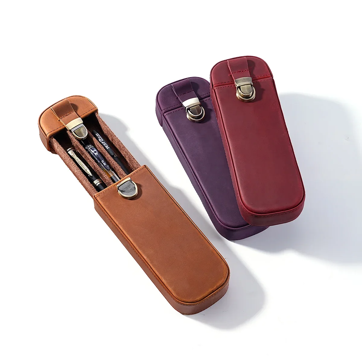 Handmade Leather 3 Slots Fountain Pen Case with Removable Tray Brass Lock Crazy Horse Leather Pencil Holder Pouch for 3 Pen