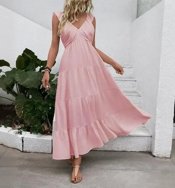 

Women's Dress Summer New French Elegant Romantic Leisure Vacation Style Solid V-Neck High Waist Slim Fit A-Line Beach Dress