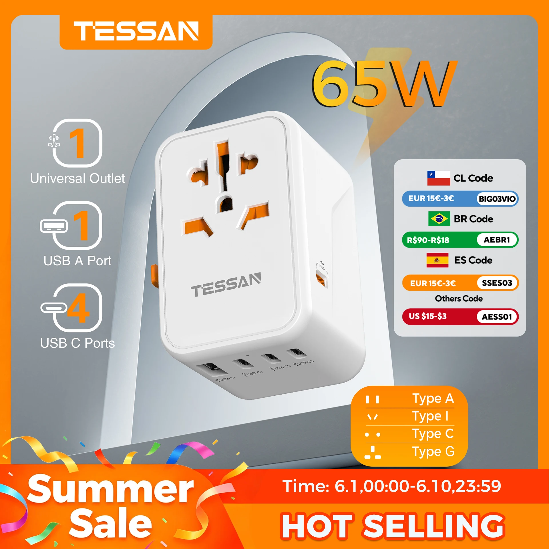 TESSAN 65W GaN Universal Travel Adapter Worldwide with USB and Type C Fast Charging Power Adapter EU/UK/USA/AUS Plug for Travel