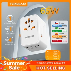 TESSAN 65W GaN Universal Travel Adapter Worldwide with USB and Type C Fast Charging Power Adapter EU/UK/USA/AUS Plug for Travel