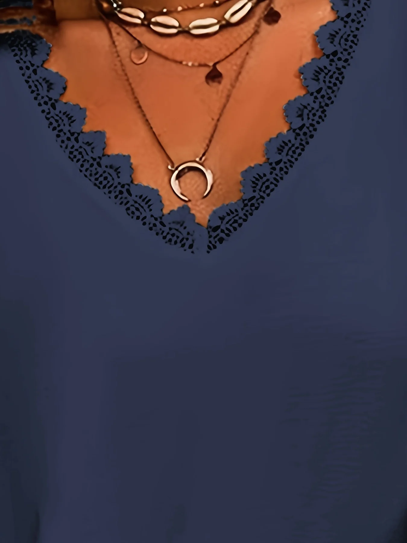 Women's Navy Blue Lace - Detailed Top V - Neck Short Sleeve Flowy Shirt