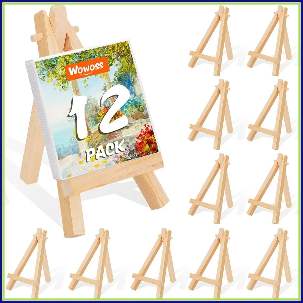 

12 Pack 5" Mini Wood Display Easel, Natural Wooden Tripod Holder Stand for Small Canvases, Business Cards, Photos