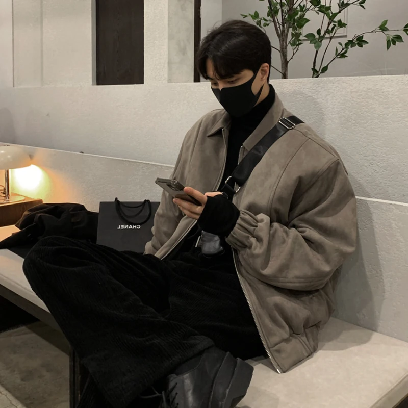 

Men's Suede Cotton Jaet Thiened Autumn Winter Outerwear High Street Sle Faionable Streetwear Casual Loose Fit Coat