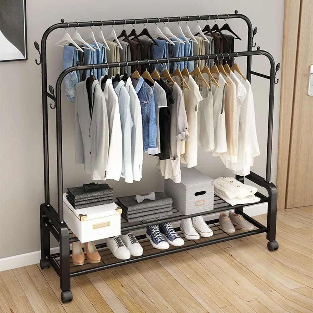 Large Clothes Rack Double Rail Rolling Stand Shoes Rack Storage Shelf Double Layer Double Rod Hanger