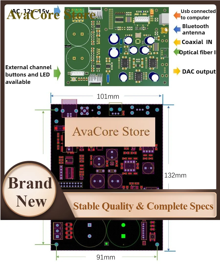 AvaCoreEs9039q2m Dac Decoding Board With Power Supply Usb Coaxial Optical Fiber Input