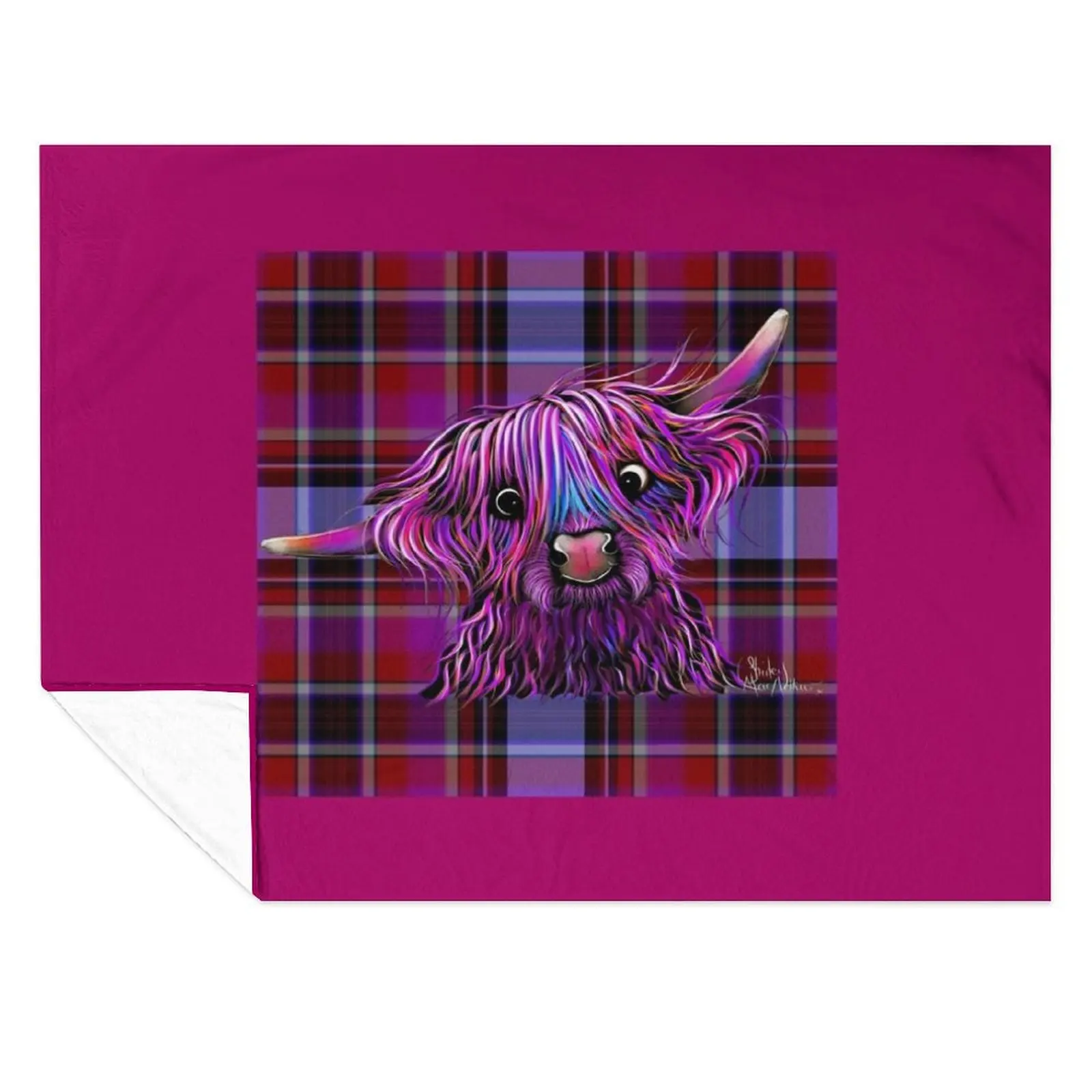 

HiGHLaND CoW PRiNT ' HuCKLeBeRRY oN TaRTaN ' BY SHiRLeY MacARTHuR Throw Blanket anime Retros Stuffeds Blankets