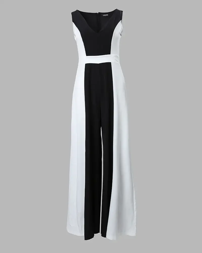 Elegante werkkantoor dame jumpsuit voor dames 2023, colorblock mouwloze v-hals wijde pijpen jumpsuit zonder riem