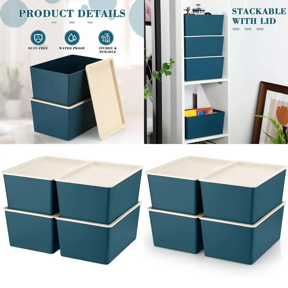 

Large Blue Stackable Plastic Storage Bins with Lids for Organizing Shelves and Christmas Ornament Boxes