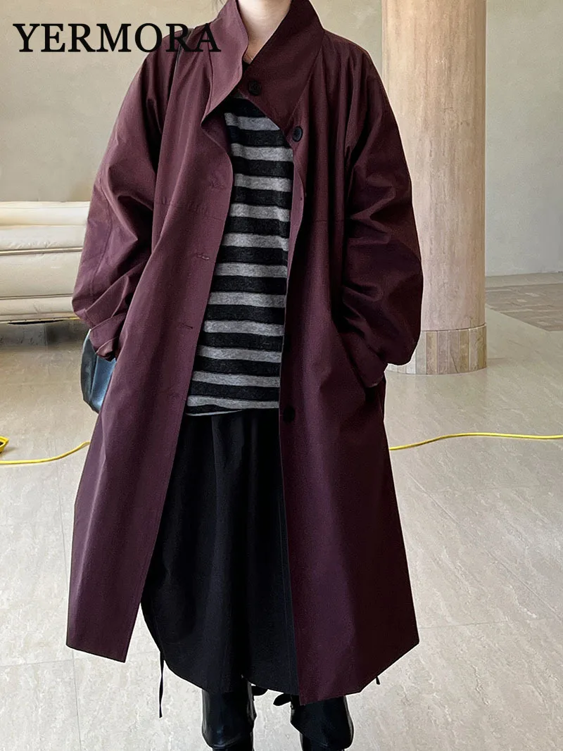 

YERMORA Women Red Casual Trench Coat Solid Color Lapel Long Sleeves Loose Fit Button Windbreaker 2025 Autumn Winter New