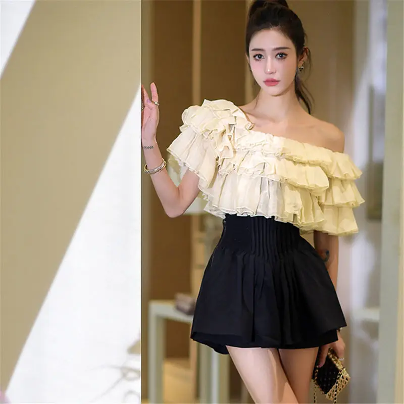 Sexy Slash Neck Ruffles Chiffon Shirts Lotus Leaf Off Shoulders Ruched Blouses Cake Tops + High Waist Pleated Skirts 2pcs Suits