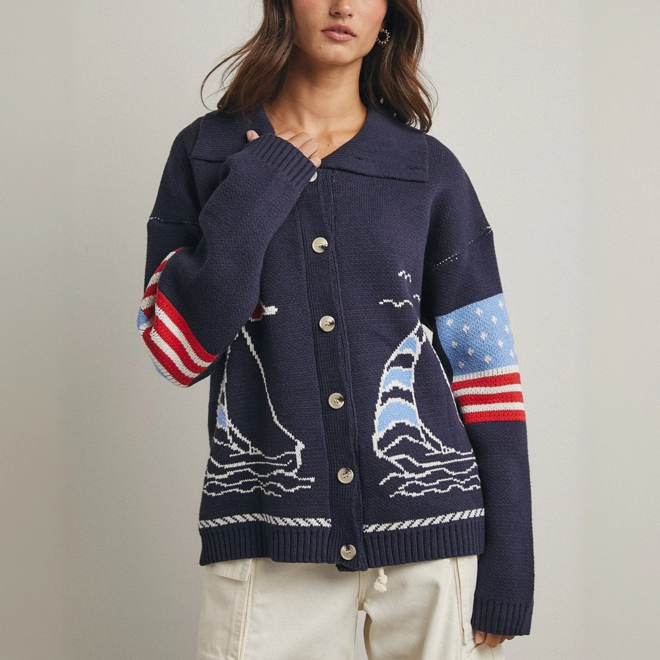 Navy Blue Sailboat Jacquard Knitted Cardigan Long Sleeve Sweater Women Outwear Warm Winter Jumpers Boho Oversized Sweaters Tops