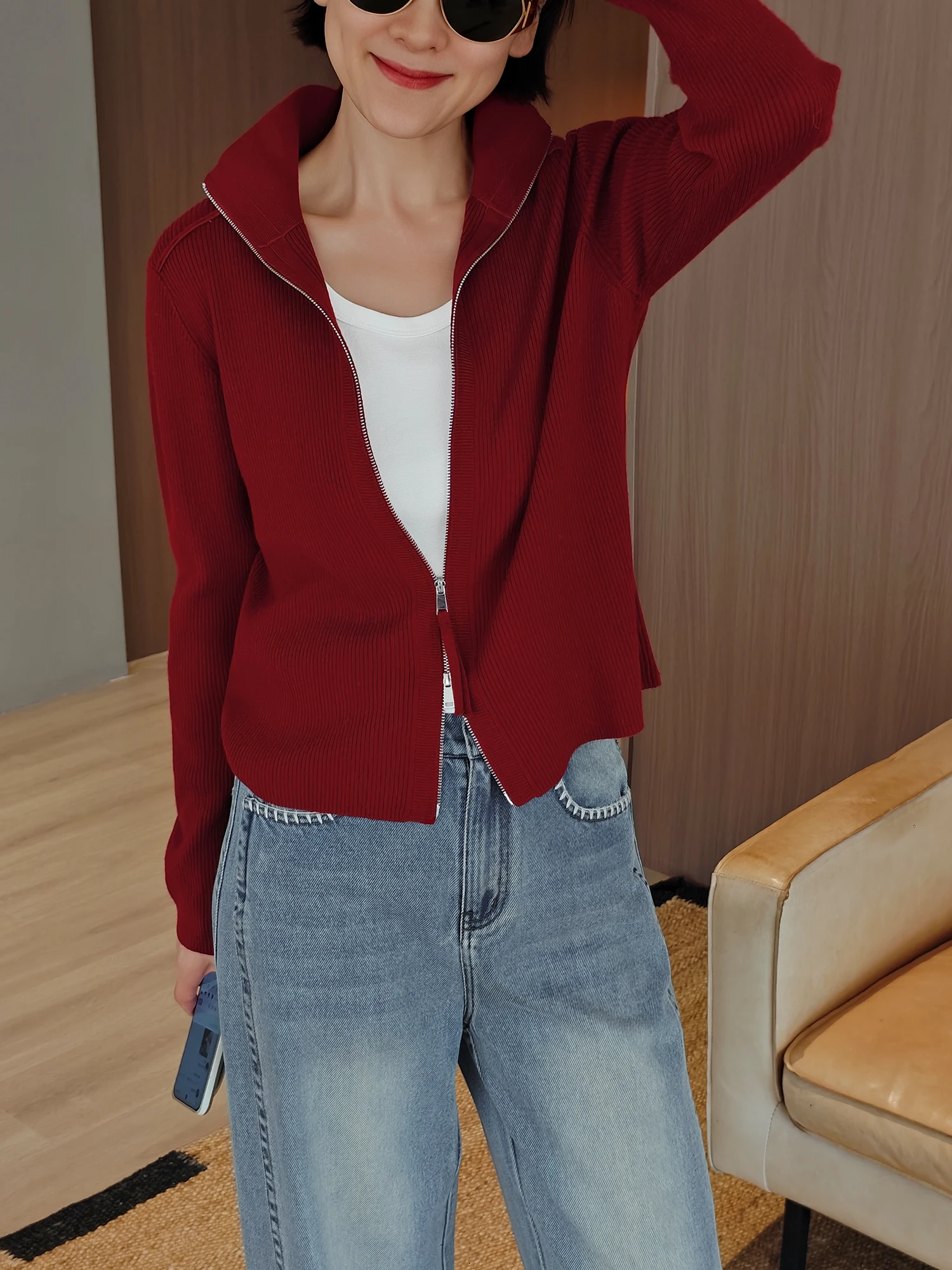 

Red New Year Aosphere Sweater Cardigan Women's High Collar Knitted Woolen Long Sve Straight Fit Casual Faion Spring 2026