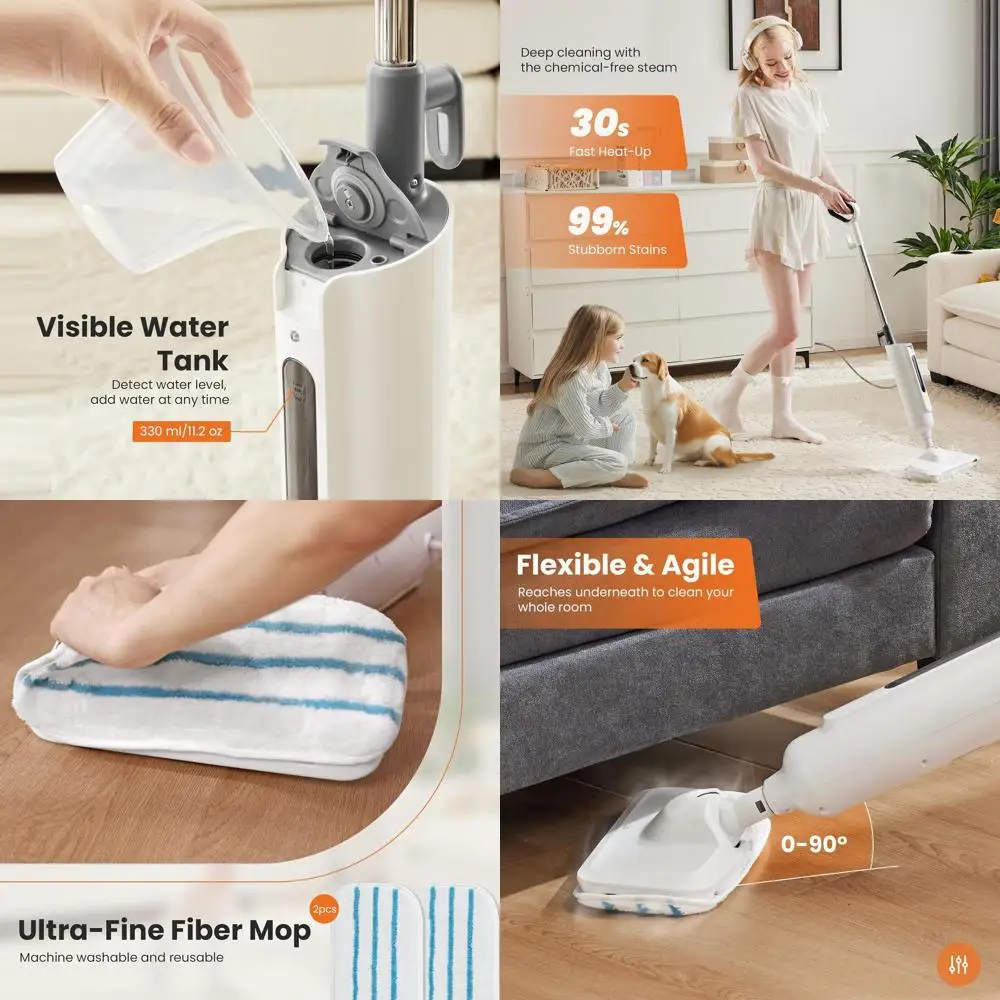 

Portable Steam Mop Cleaner for Hard Surfaces and Carpets, Washable Pads, White & Grey