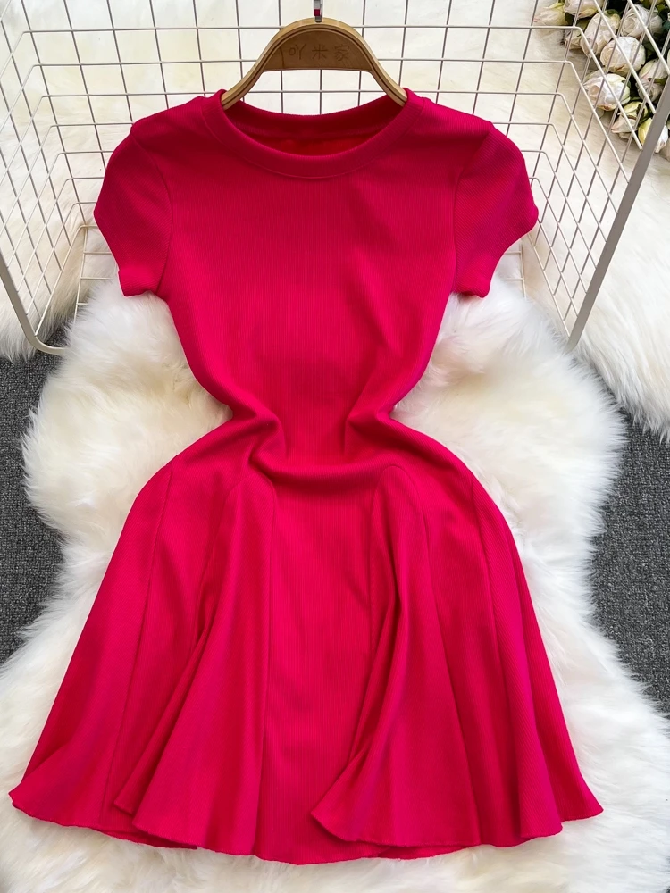 Sommer Faion Koreanische Sle ort Sve runde Ne Abnehmen A-Line Puffy Dr Hot Girl Reine Farbe Hohe Taille ort Dr