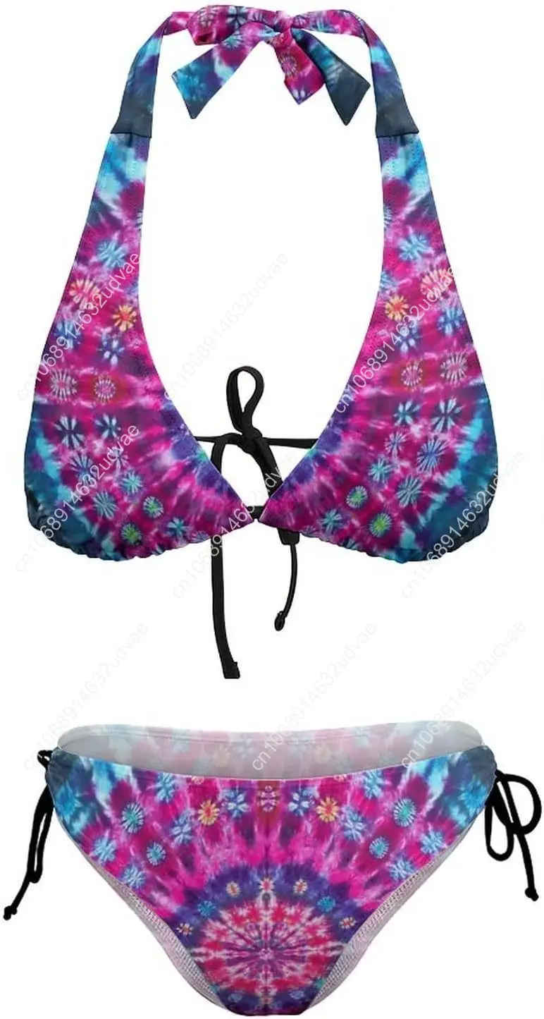 Women's Two Piece Tie Dye Bikini Set Halter Padded Top Tie Side Bottom Swimsuit