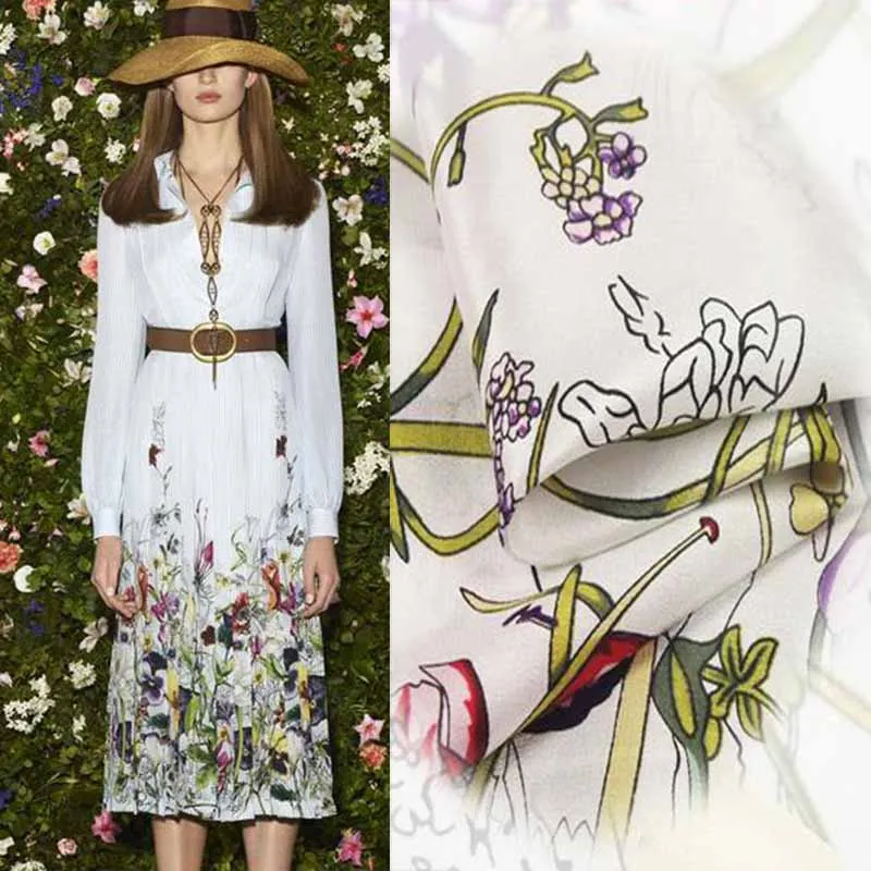 2026 luxury crepe de chine Real 100% mulberry silk fabric white dress shirt Cloth satin fabric retro flowers print Wholesale