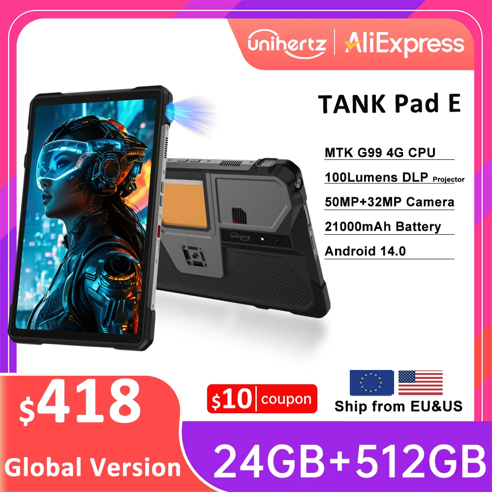 Unihertz 8849 TANK PAD E Rugged Projector Tablet Smartphone 10.95 inch 24GB 512GB 21000mAh 32MP 50MP Camera Android 14 Phone PAD