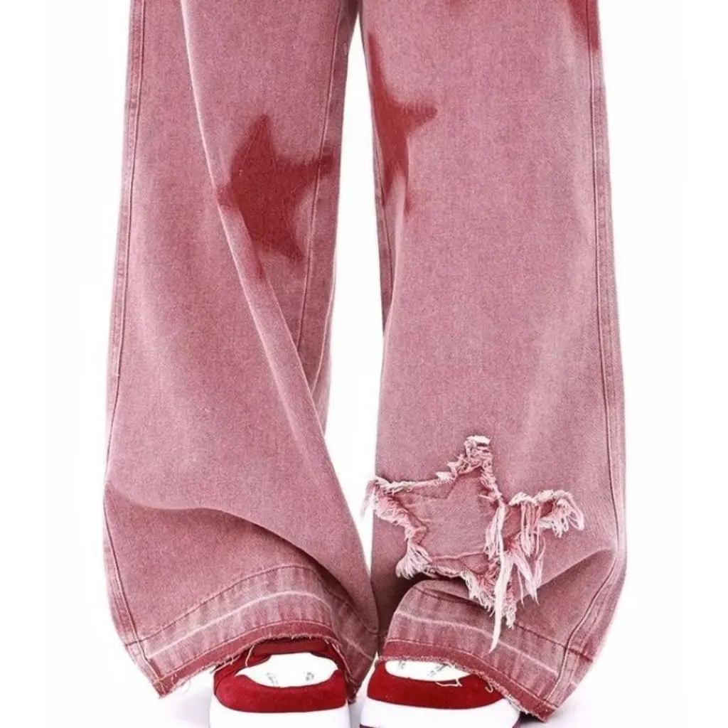 

Women's High Waist Wide Leg Jeans Retro American Star Embroidery Loose Fit Dopamine Style Early Autumn Fashion