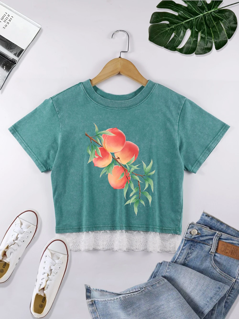 

Fresh Peaches Printing Cotton Crop Tops Street Summer Lace Hem Washed T-Shirts O-Neck Distressed Short Sleeve Casual Clothes