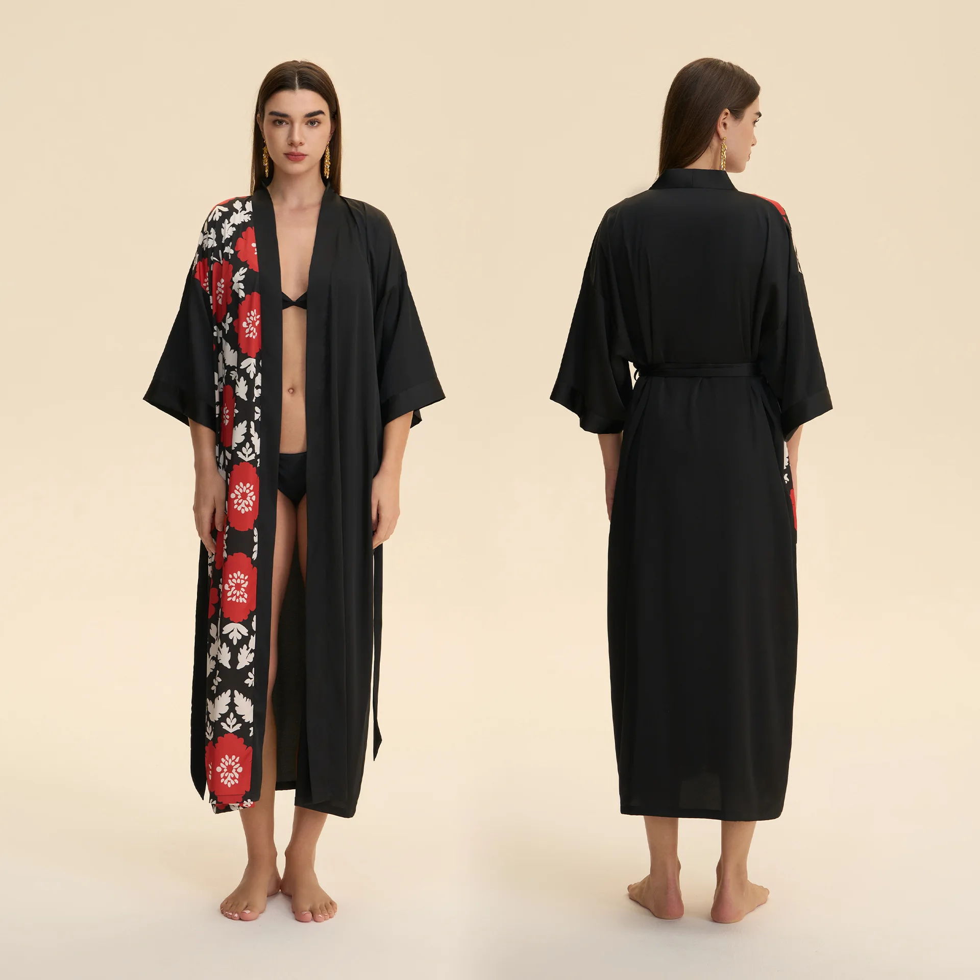 

Длинный халат с черным цветочным принтом, кимоно, халат, весна-лето, одежда для сна, ночная рубашка, домашнее платье из искусственного шелка