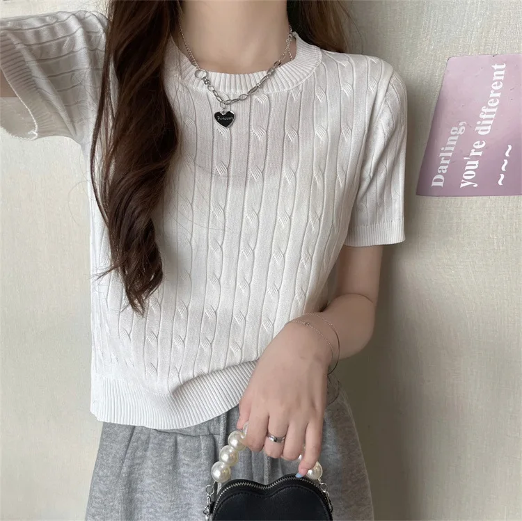 Damen Sommer Vintage Rundhals Kurzarm Strick-T-Shirt Mädchen Damen Slim Fit Top Damen Casual Sport Layering Basic-Shirt – Detail 6