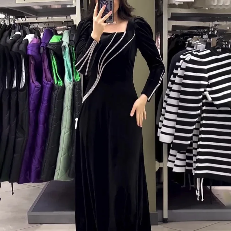 Vintage Dress for Women Hot Drilling Muslim Dress Women Slim-fit Square Collar Evening Dress Turkey Kaftan Arab Robe Abaya Dubai