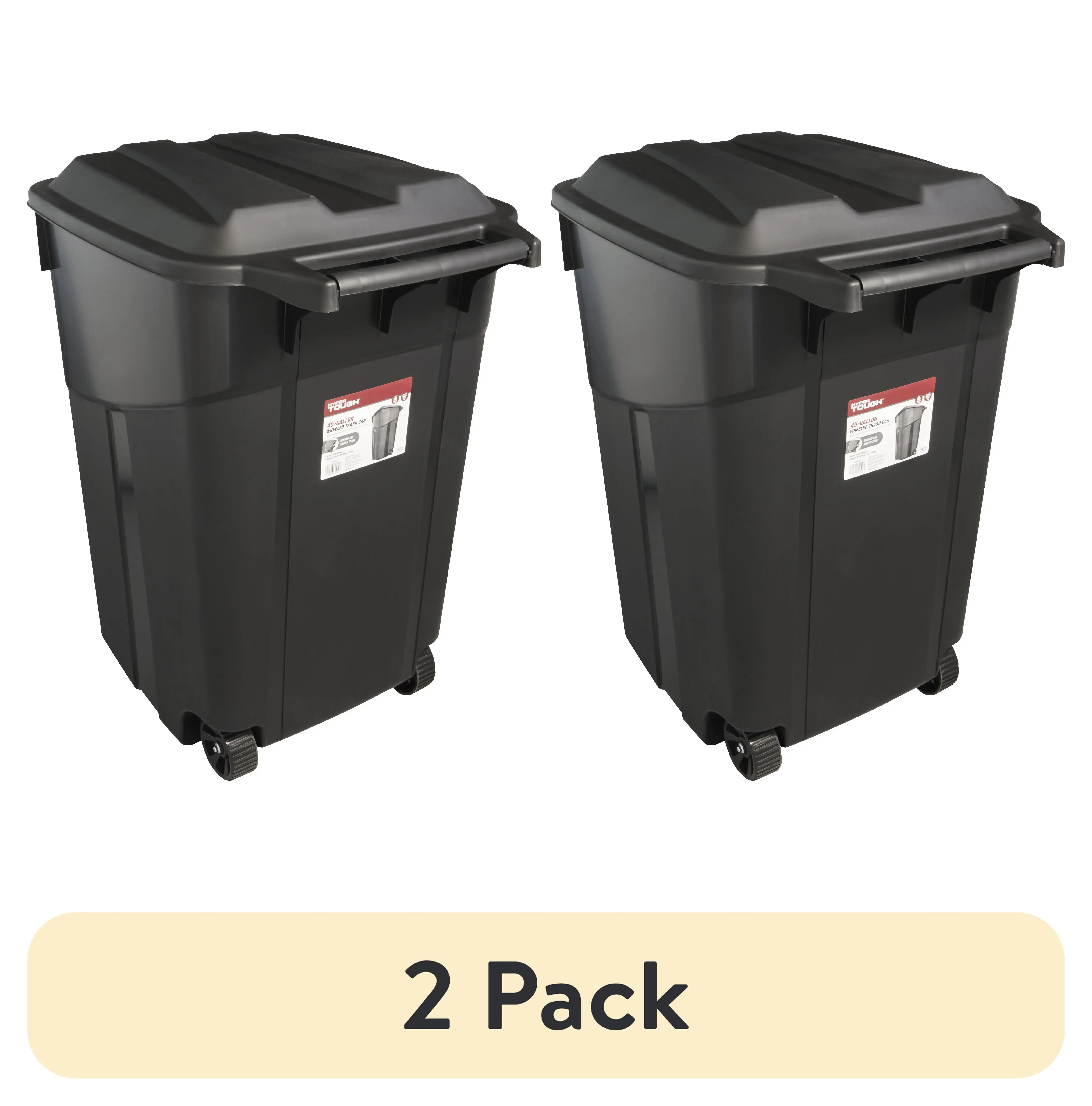 (2 pack) Hyper Tough 45 Gallon Wheeled Heavy Duty Plastic Garbage Can, Attached Lid, Black