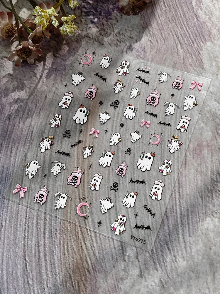 

1pcs 5D Halloween Cute Ghost Nail Stickers Press on Nail White Phantom Art Decorations Decals DIY Manicure Slider Foil