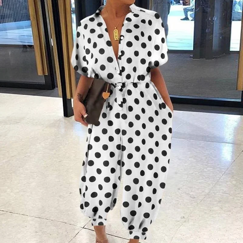 2023 Summer Casual Fashion Leopard Cow Polka Dot V-neck Jumpsuits Women Sashes Pockets Buttons Vintage Rompers One Piece Outfit