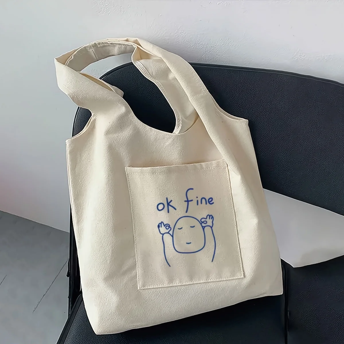 1pc Beige Fashionable Minimalist Cartoon Line Drawing Pattern Printed Tote Bag for Women, Large Capacity Shopping Bag for Outing