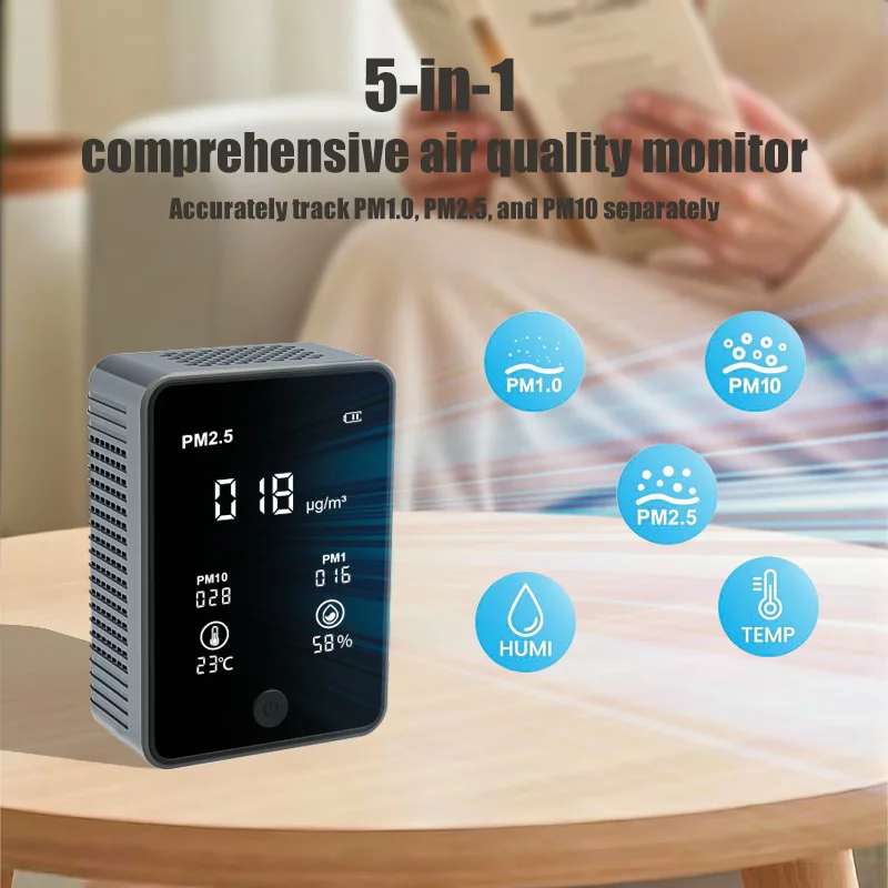

Laser PM2.5 Temperature. PM1 Humidity PM10 Five-in-one Environmental Detector Detection Air Particle Detector