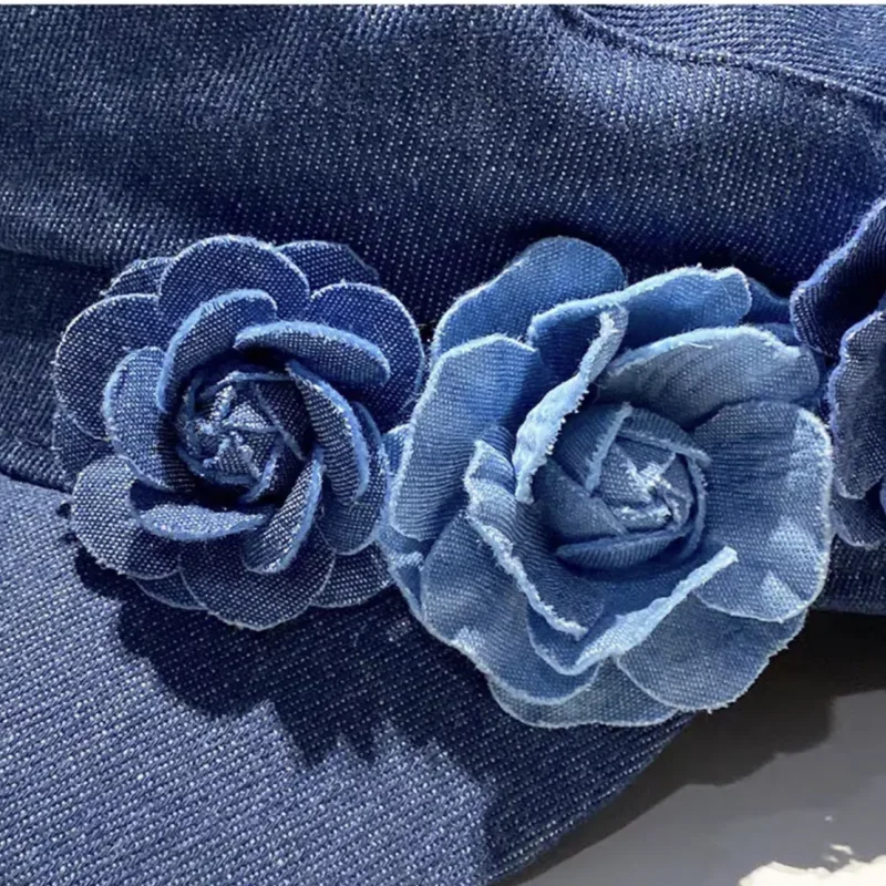 Luxury Brand Designer Jean Camellia Flowers Embellished Bakerboy Hat Women Classy Washed Denim Flat Military Newsboy Cap