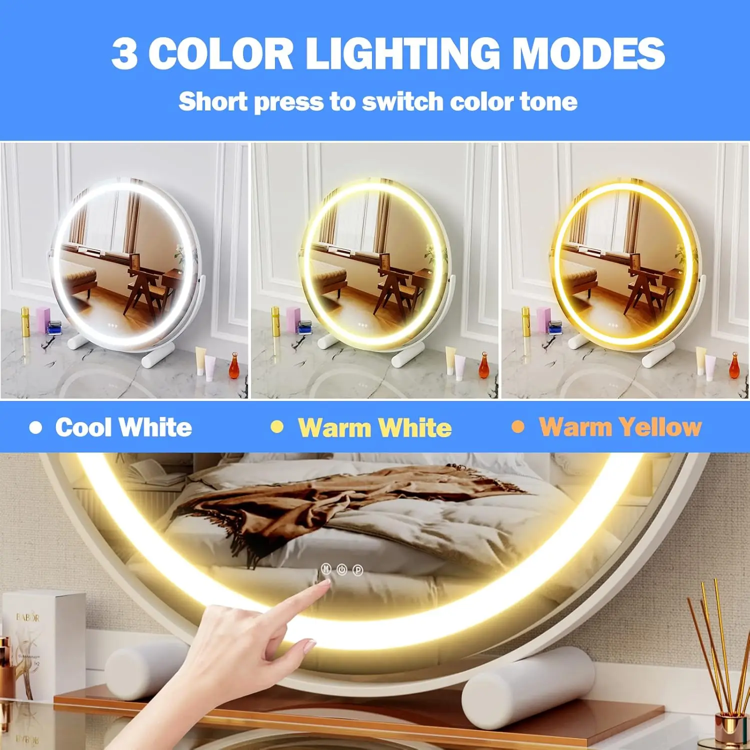 

12"" Round Vanity Mirror, Led Lights, Smart Touch 360°Rotation, Dimmable White