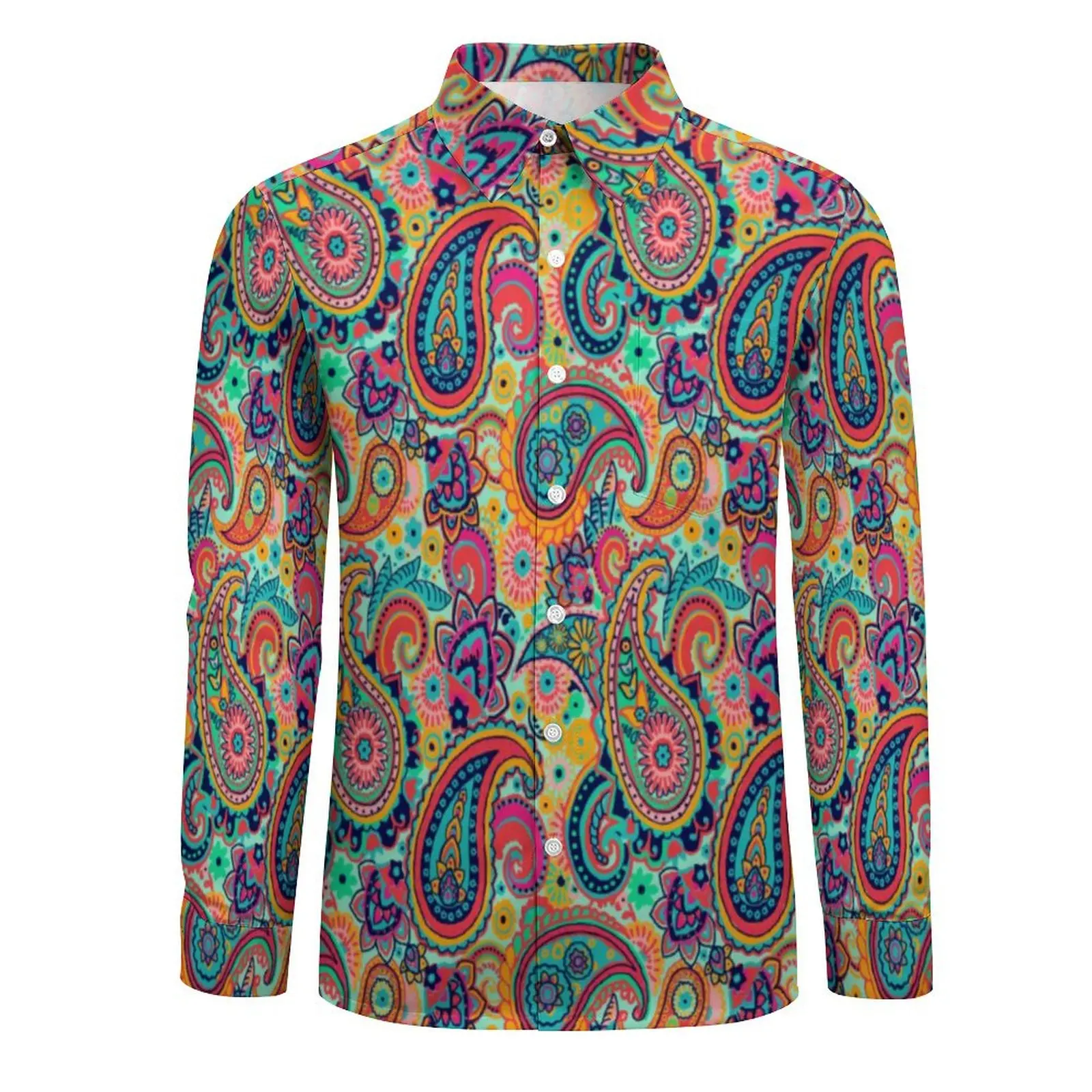 Rainbow Paisley Print Casual Shirts Bright Floral Trendy Shirt Autumn Stylish Oversized Blouse Man Long Sleeve Design Clothing