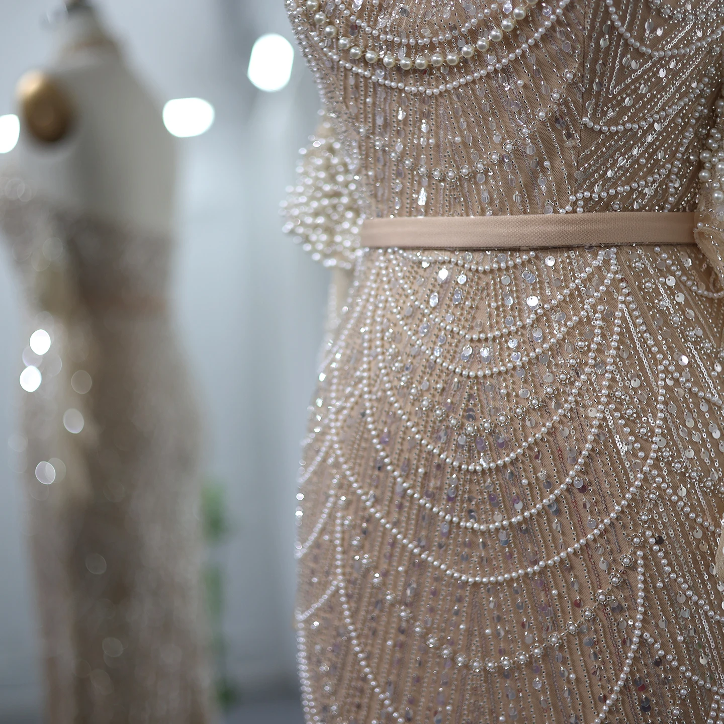 Sharon Said Dubai Luxury Nude Mermaid Evening Dresses Sexy Halter with Gloves Arabic Wedding Party Formal Gowns SS689 Customized