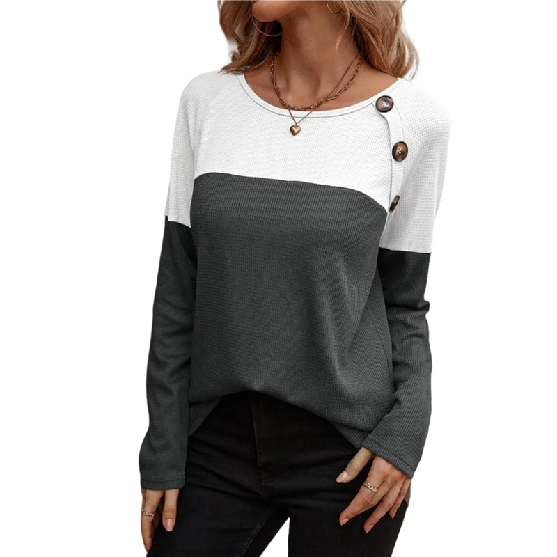 

CGS-Женские вафельные трикотажные рубашки с длинными рукавами и цветными блоками, туники на пуговицах