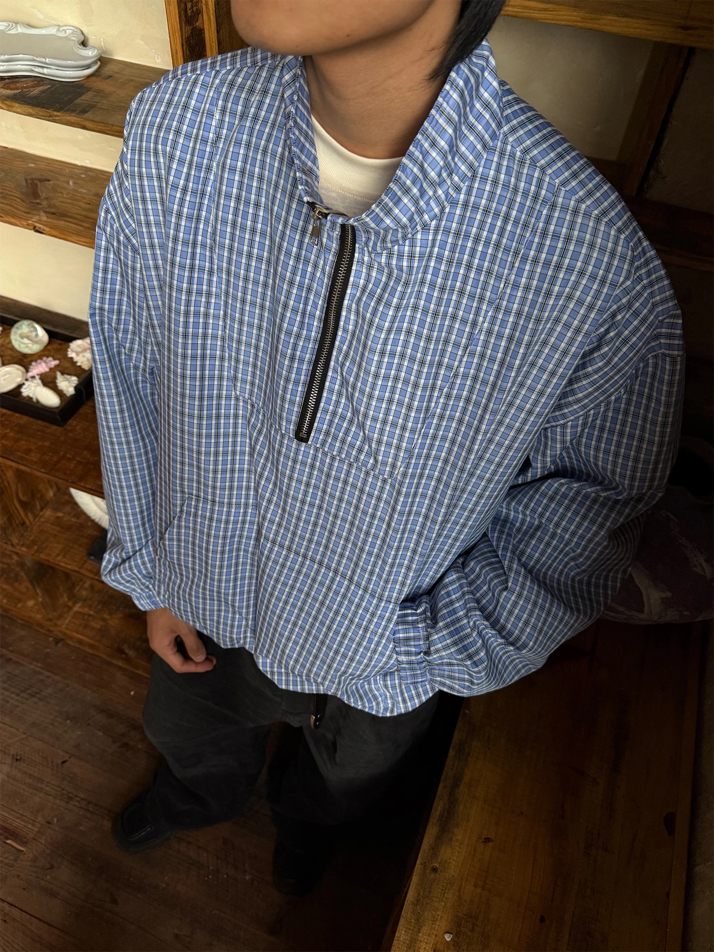 

Loose Casual Autumn Winter Plaid Dstring f Open Collar Outdoor Fce Polyester Men's T-irt with Big kets New Sle