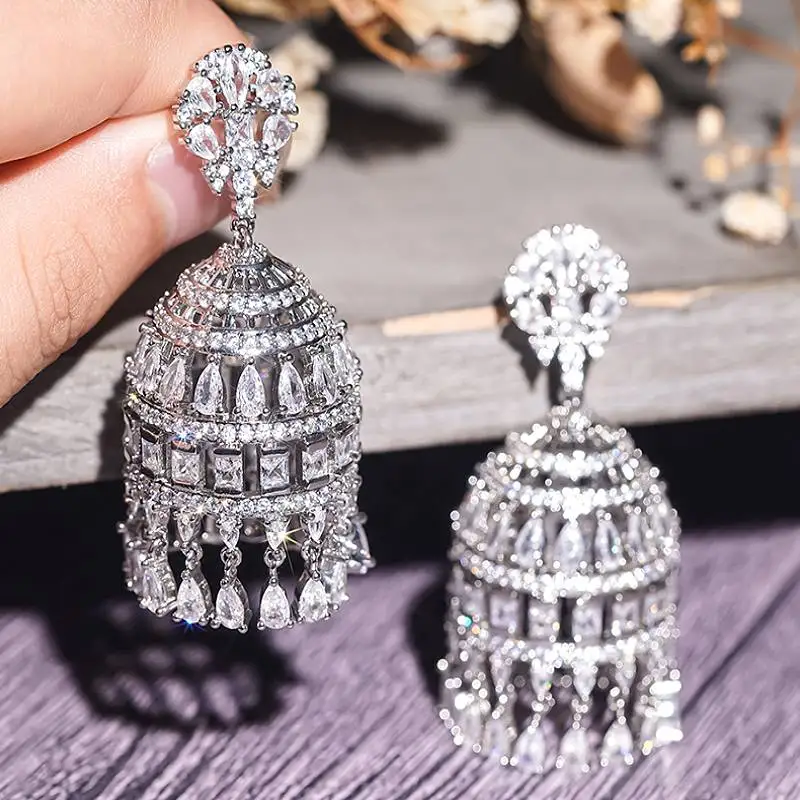 Huitan Silver Color Women Drop Earrings Chime Design Party Daily Hyperbole Accessories Inlaid Shining CZ Luxury Charming Jewelry