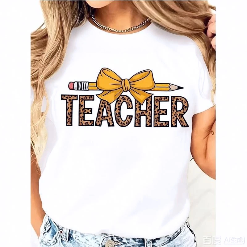 Women's Teacher T-Shirt Teach Pencil Bow Glitter Leopard Checkered Coquette Short Sleeve Tees 90s Y2k Aesthetics Fashion Tops